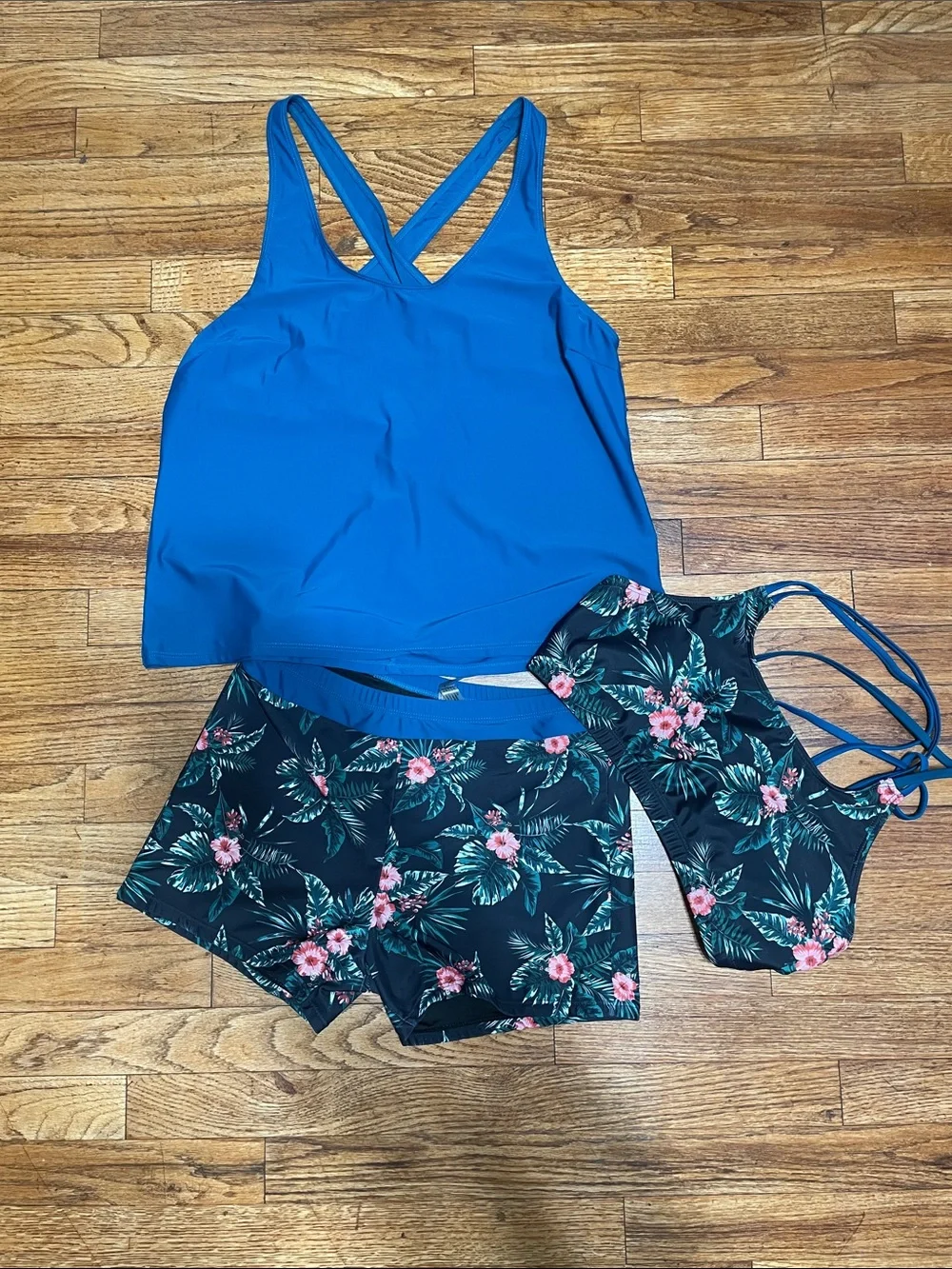Floral Swim Top & Boyshorts Set in Black with Pink Floral